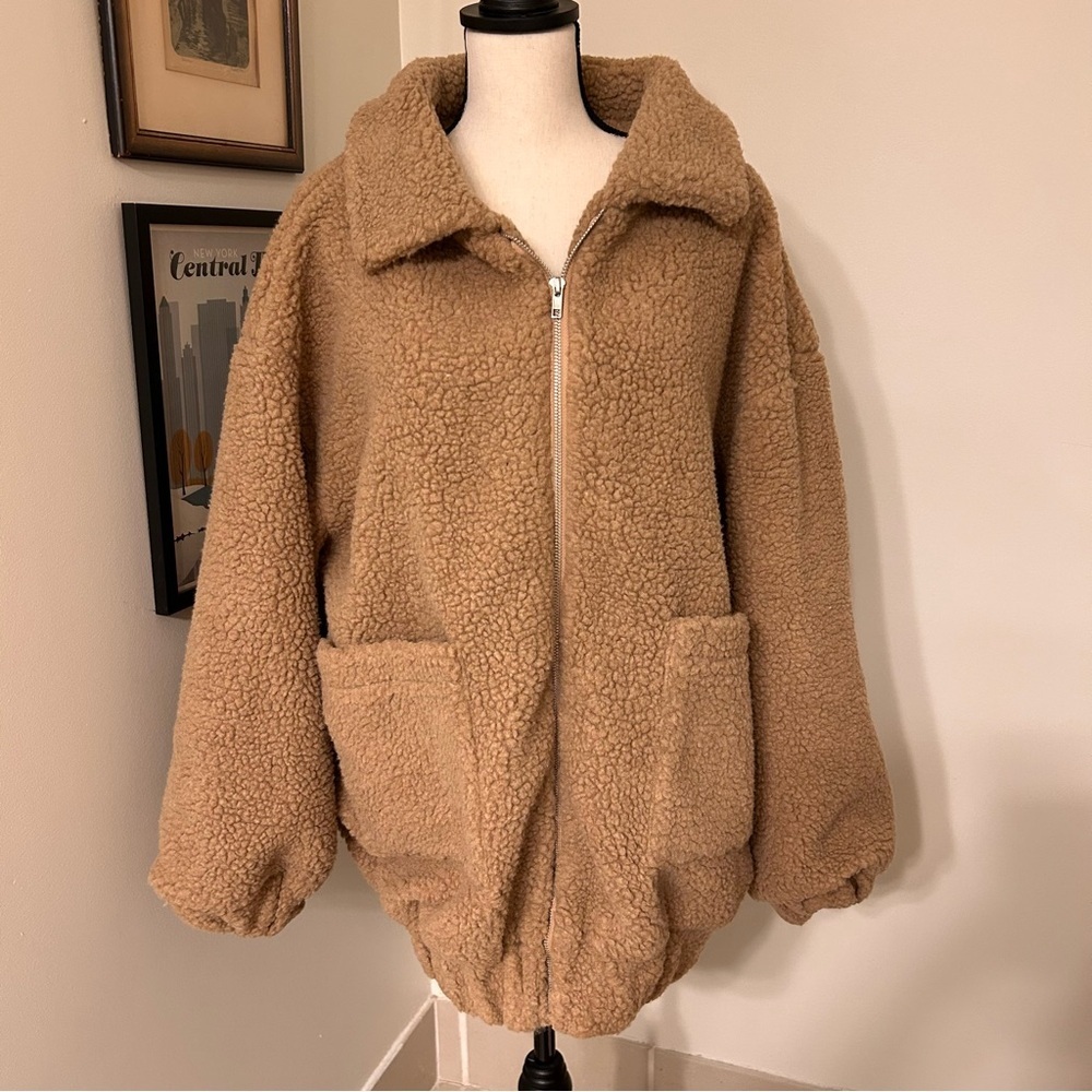 PrettyLittleThing Tan Zipper Sherpa Jacket SZ 6